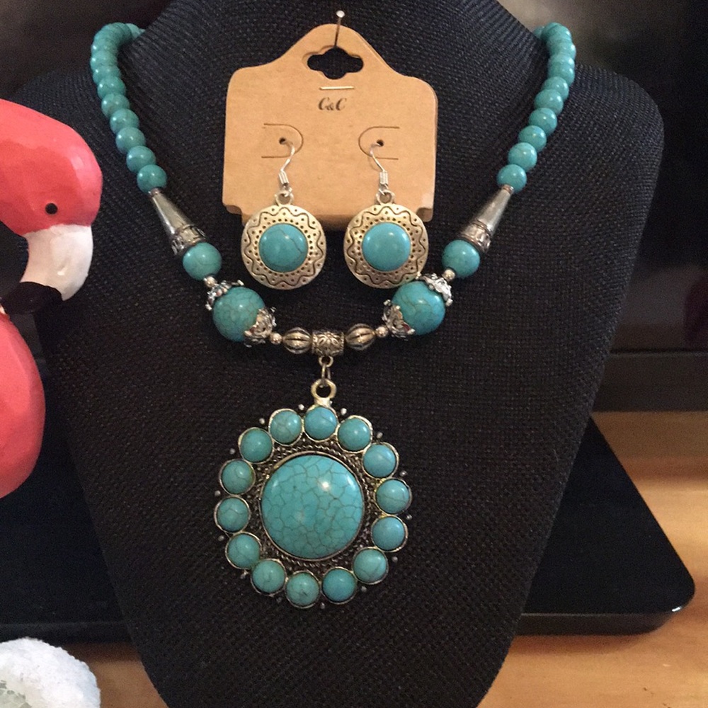 NEW. Silver & Turquoise Necklace & Earrings